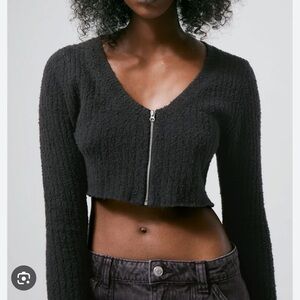 Weekday Fitted Black Fuzzy Zip Front Cropped Cardigan Size XS Used